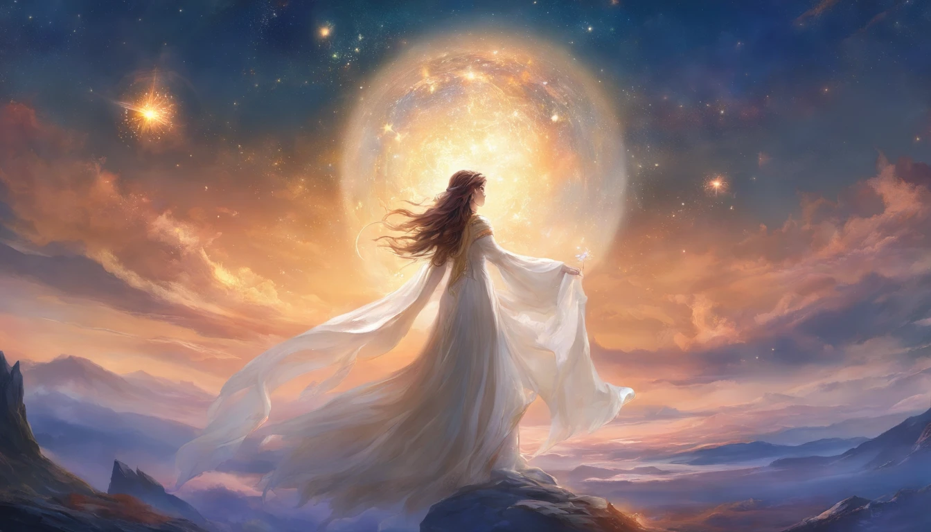 (melhor qualidade, masutepiece), young woman, vestido azul medieval da princesa, Posar, Particle, vento, flor, parte superior do corpo, fundo da noite da lua cheia, Olhando para o Viewer, longos cabelos dourados lisos soprados pelo vento, olhos azuis detalhados, galaxy, back lighting, Luzes de aro, beautiful artwork, perfect composition