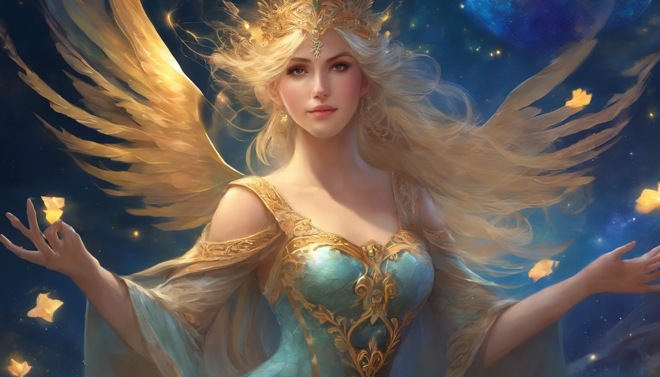 (melhor qualidade, masutepiece), young woman, vestido azul medieval da princesa, Posar, Particle, vento, flor, parte superior do corpo, fundo da noite da lua cheia, Olhando para o Viewer, longos cabelos dourados lisos soprados pelo vento, olhos azuis detalhados, galaxy, back lighting, Luzes de aro, beautiful artwork, perfect composition