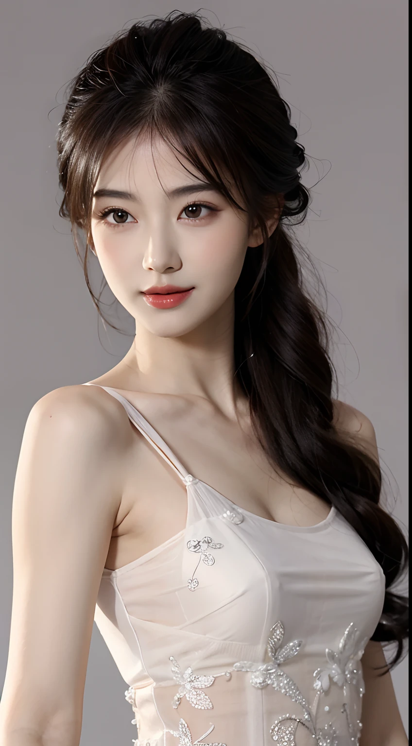 Bokeh、is standing、ultra-detailliert、Official Art、4k 8k wallpaper、(Soft light and shadow)、Hand details、High detail of the eye、8K、(top-quality:1.5)、PastelColors、softfocus、masterpiece、studio、High detail of hair、((Sheer background:1.2))、1girl in、(Perfect female body:1.1)、huge-breasted、 (Front shot)、(Full-length photo:1.3、)bokeh dof、HDR、UHD、ultra -detail、offcial art、4k 8k wallpaper、8K、(Top image quality:1.5)、masterpiece、Hair high detail、(realisitic:1.5)、160 mm、(vivd colour)、(A dark-haired:1.5)、