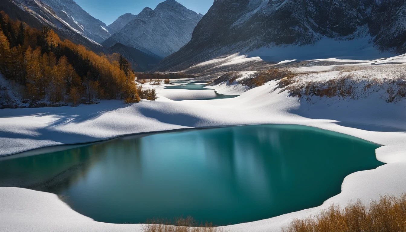 Majestic peaks rising from the ground, casting long shadows. Valleys with serene rivers flowing through them.