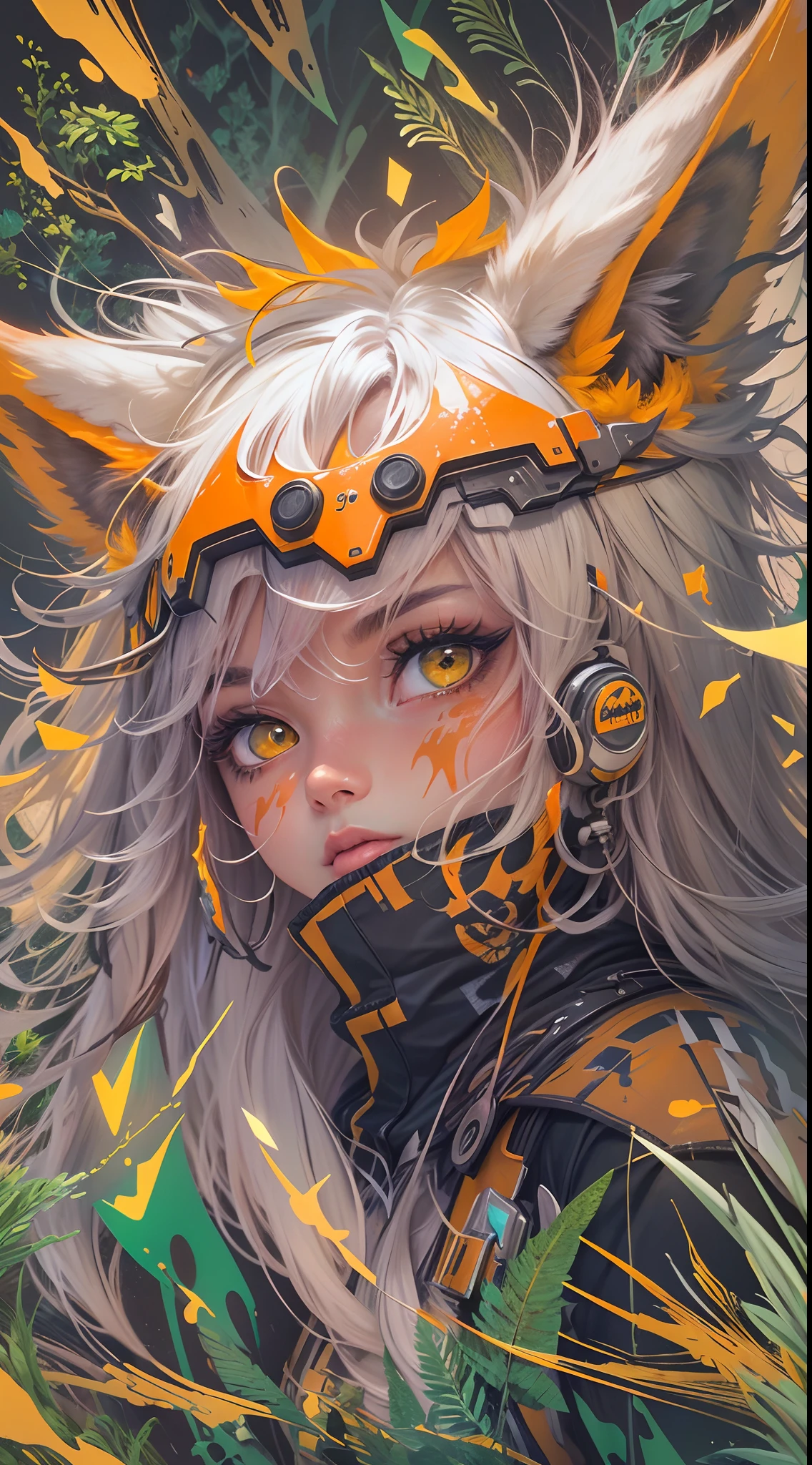 (masterpiece:1.1), (highest quality:1.1), (HDR:1.0), extreme quality, cg, (negative space), detailed face+eyes, 1girl, fox ears, animal ear fluff, (plants:1.18), (fractal art), (bright colors), splashes of color background, colors mashing, paint splatter, complimentary colors, neon, (thunder tiger), compassionate, electric, limited palette, synthwave, fine art, tan skin, upper body, (green and orange:1.2), time stop, sy3, SMM