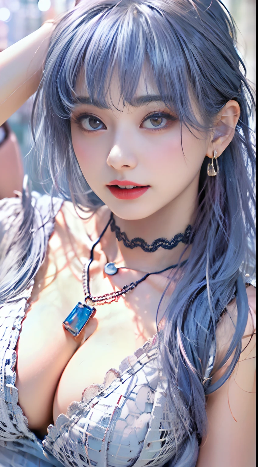 Beautiful and sexy 20 year old girl, Wearing an ultra-thin red dress, ((Long dyed blue hair with blue bangs Purple Platinum White Blue:1.5)), The most detailed jewelry and beautiful hair , ((Wearing a purple lace necklace:1.6) )), Super cute little face, Very pretty face, Thin eyebrows, Perfect beautiful face, ((black eye pupil: 0.8)), Very beautiful eyes, ((Light red eyes:1.5)), Beautiful makeup and detailed eyelashes, Wet eye makeup, High Nose, earrings, Red lips, ((Closed mouth:1;5 )) Beautiful lips, Slim hands, The most beautiful thighs, ((Arms spread out to the sides: 1.5)), Rosy face, Clean face, Perfect beautiful face, smooth white skin, (Big breasts: 1.5)), ((high breasts: 1.6 )), Plump breasts, Beautiful cleavage, ((Large, Super Round Chest: 1.8))), ((Super tight breasts: 1.5)), Beautiful breasts, back arms, Beautiful girl's upper body, Photo 8k, ultra-quality, Hyper realistic, 10x Super Pixels, Photo Real, Dark Studio, Light Edge, Two-tone bright colors, (High Detail Skin:1.2), Super 8K, Soft light, High quality, Volumetric lighting, Realistic, Photo, High resolution, Lighting, Best Photo, 4K, The 8k quality, Blur effect, Smooth and sharp, 10 x pixels, (Galaxy: 1.7) , Aurora, Lightning, Surreal graphics, The most realistic graphics, Alone, Solo, Very sharp, Surreal images, (((frontal portrait:1.0)))."