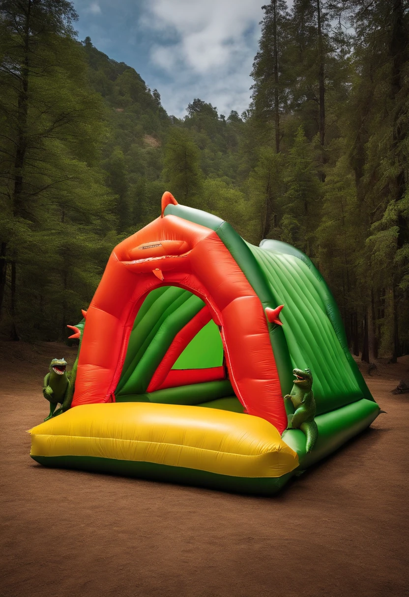 four different types of inflatable tents with a man inside, dragon mouth, inflatable, colorful, dinosaur head, head, t-rex