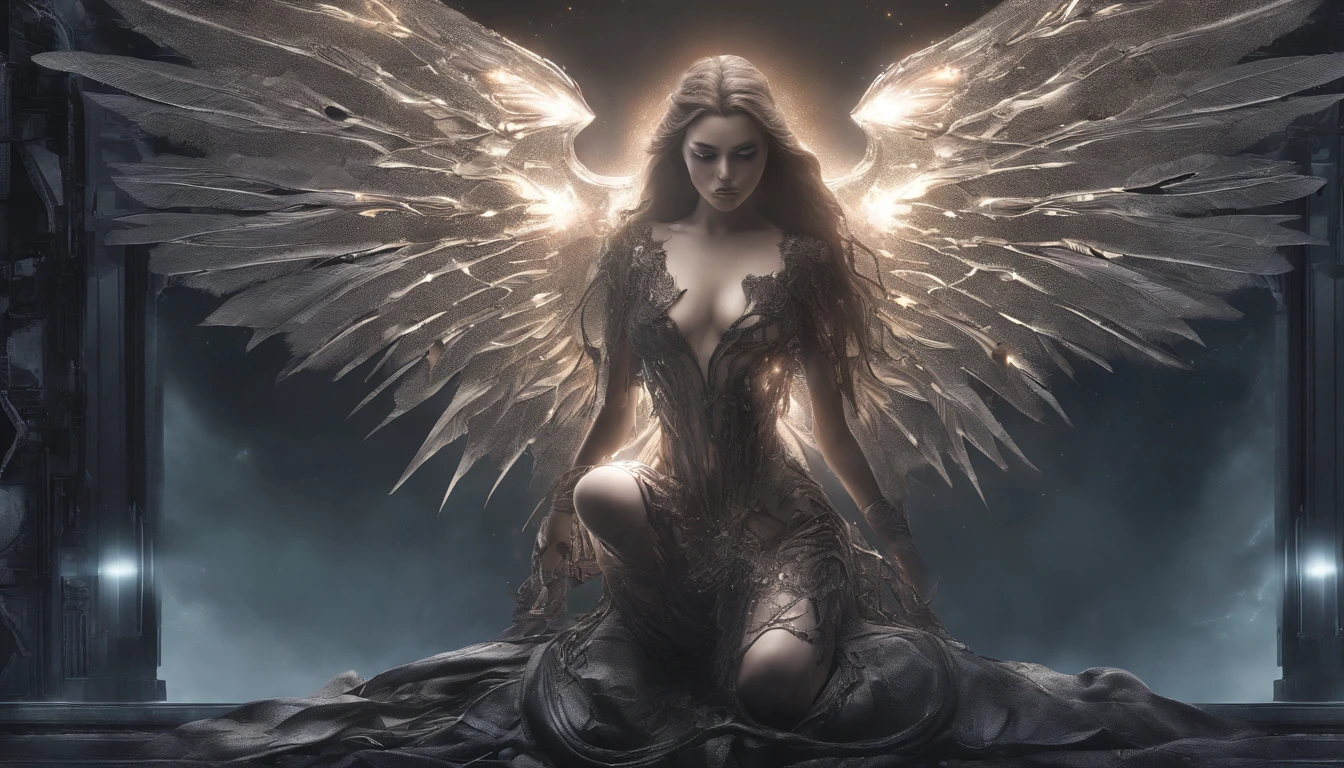 Cosmic Fallen Angel, glowing light eyes, Delicate and beautiful face,Bigchest,Biomechanical, eerie, Dream-like, Very bright colors, Light particles, with light glowing, Mshiv, wallpaper art, UHD wallpaper