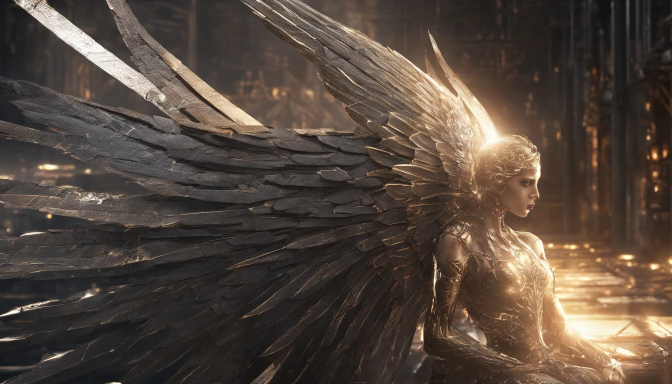 Cosmic Fallen Angel, glowing light eyes, Delicate and beautiful face,Bigchest,Biomechanical, eerie, Dream-like, Very bright colors, Light particles, with light glowing, Mshiv, wallpaper art, UHD wallpaper