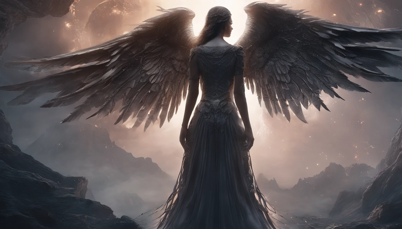 Cosmic Fallen Angel, glowing light eyes, Delicate and beautiful face,Bigchest,Biomechanical, eerie, Dream-like, Very bright colors, Light particles, with light glowing, Mshiv, wallpaper art, UHD wallpaper
