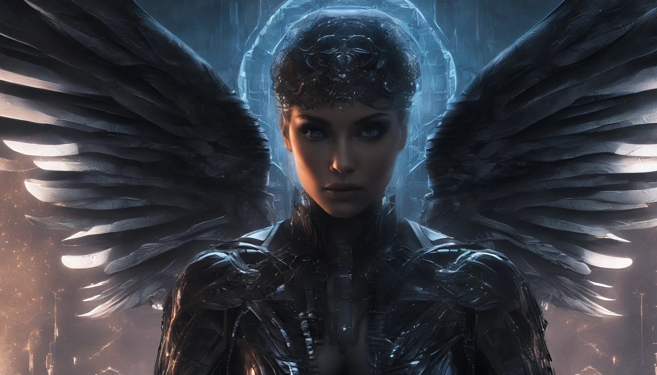 Cosmic Fallen Angel, glowing light eyes, Delicate and beautiful face,Bigchest,Biomechanical, eerie, Dream-like, Very bright colors, Light particles, with light glowing, Mshiv, wallpaper art, UHD wallpaper
