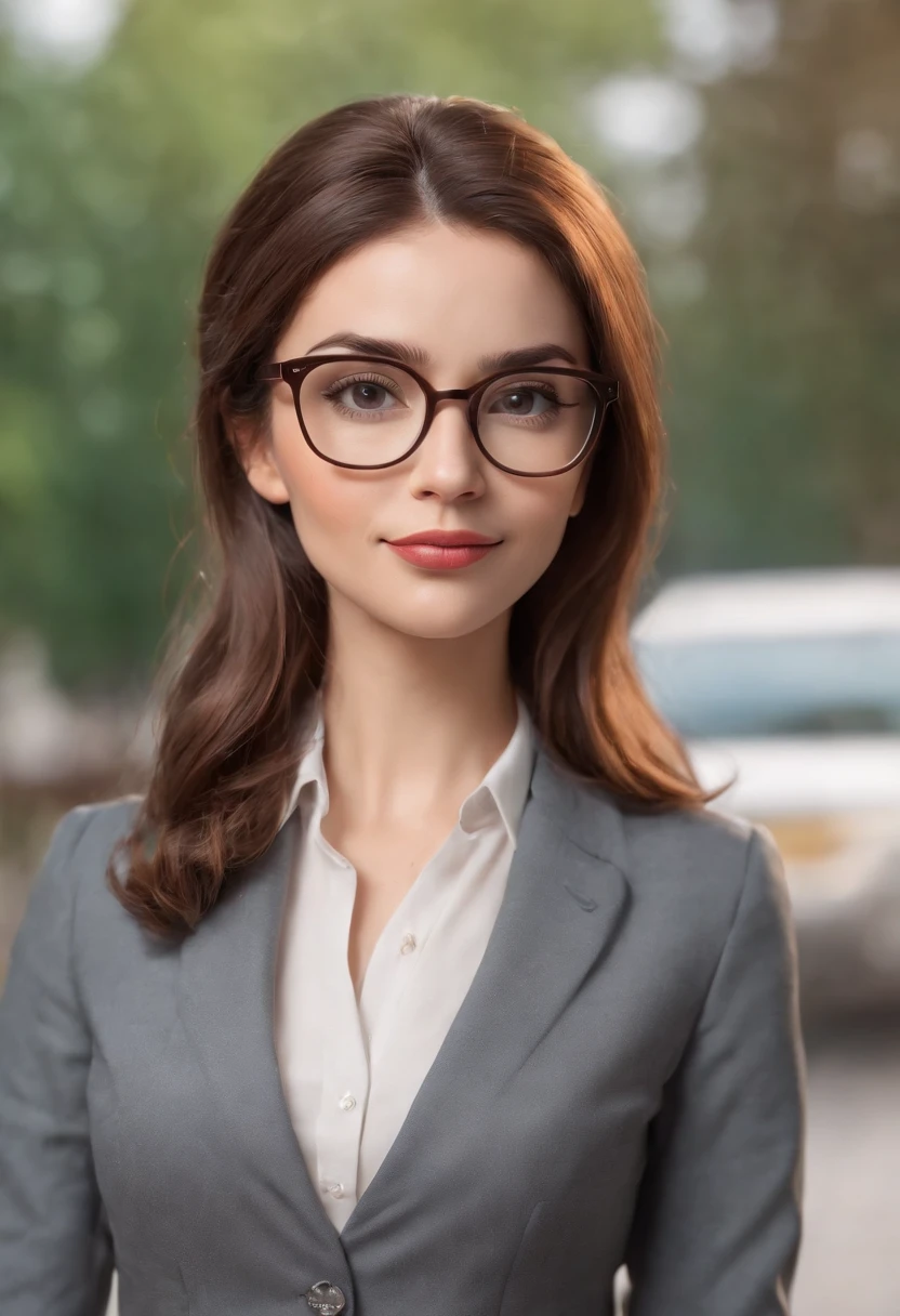 Cartoon style business woman, corpo inteiro ,cabelo castanho com rabo de cavalo , wearing glasses, 3D cartoon, personagem animado 3D