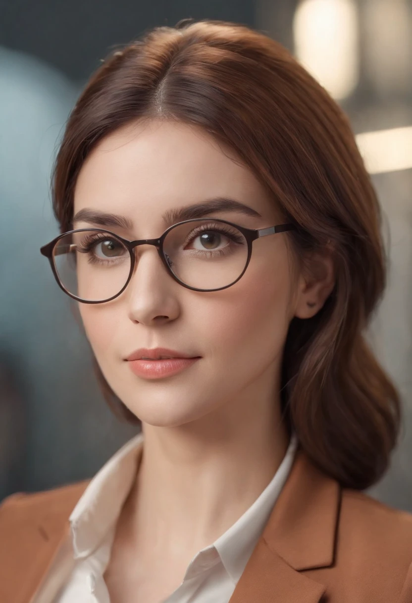 Cartoon style business woman, corpo inteiro ,cabelo castanho com rabo de cavalo , wearing glasses, 3D cartoon, personagem animado 3D