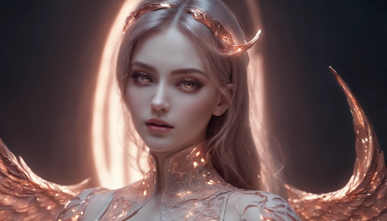 Cosmic Fallen Angel, glowing light eyes, Delicate and beautiful face,Bigchest,Biomechanical, eerie, Dream-like, Very bright colors, Light particles, with light glowing, Mshiv, wallpaper art, UHD wallpaper
