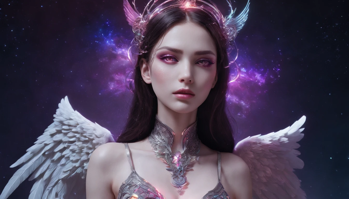Cosmic Fallen Angel, glowing light eyes, Delicate and beautiful face,Bigchest,Biomechanical, eerie, Dream-like, Very bright colors, Light particles, with light glowing, Mshiv, wallpaper art, UHD wallpaper