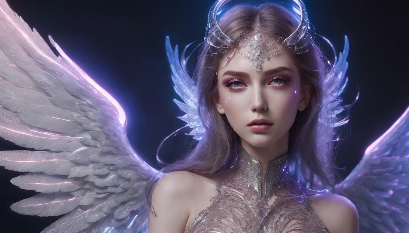 Cosmic Fallen Angel, glowing light eyes, Delicate and beautiful face,Bigchest,Biomechanical, eerie, Dream-like, Very bright colors, Light particles, with light glowing, Mshiv, wallpaper art, UHD wallpaper