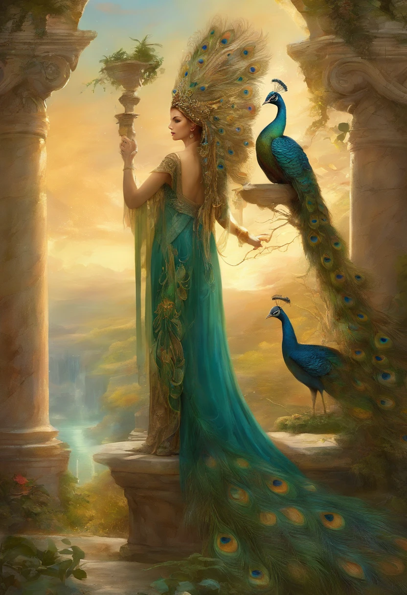 ((1men)) homem rosto com barba, Deus da beleza, Deus Eros, Deus da Lua, Um retrato impressionante de um deus, Frank Kelly Freas, estilo de Karol Bak, (( rosto lindo)), inspirado em Caravaggio,(( floresta mystica celta com satyros e ninfas)), ((with a majestic peacock and a Greek column on the side)), (( majestic peacock,ave de plumagem rara e bonita, Explendida )),
