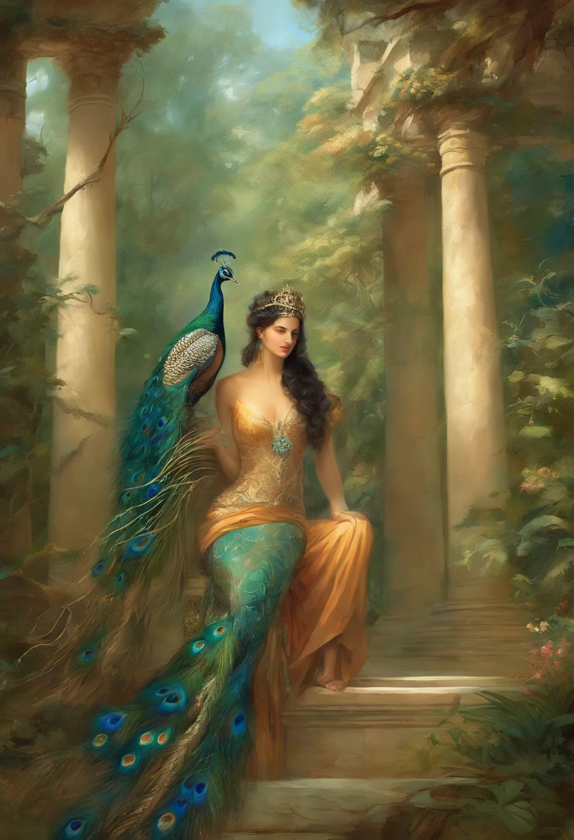 ((1men)) homem rosto com barba, Deus da beleza, Deus Eros, Deus da Lua, Um retrato impressionante de um deus, Frank Kelly Freas, estilo de Karol Bak, (( rosto lindo)), inspirado em Caravaggio,(( floresta mystica celta com satyros e ninfas)), ((with a majestic peacock and a Greek column on the side)), (( majestic peacock,ave de plumagem rara e bonita, Explendida )),