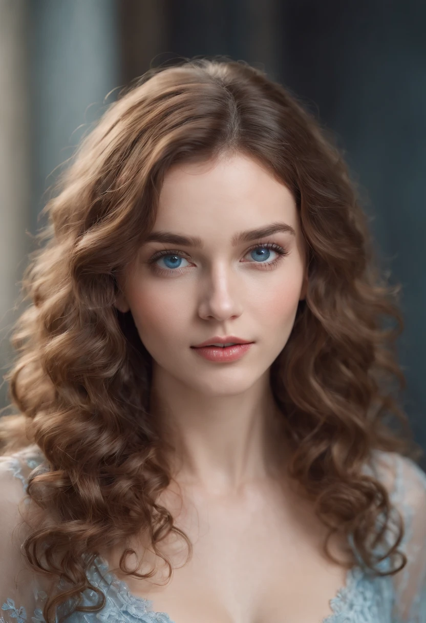 (best quality,ultra-detailed,highres:1.2),realistic,full body,curly hair,blue eyes,charming,petite figure,captivating,beautiful face,natural beauty,modest bust size,nude,light colors,soft lighting,vivid colors, no clothes