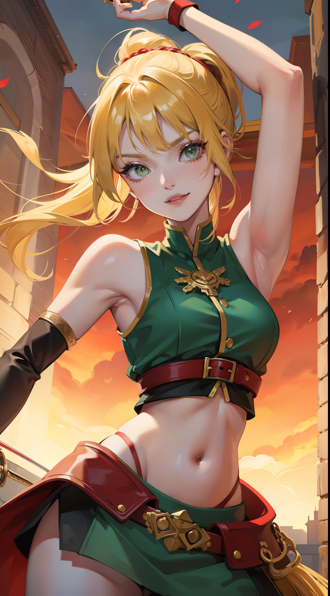 young girl, short blonde hair, high ponytail, Green eyes, Red Knight Uniform, Sleeveless, open shoulders, open belly, a sword, smirk, Masterpiece, hiquality, 4k, HD, Good detail