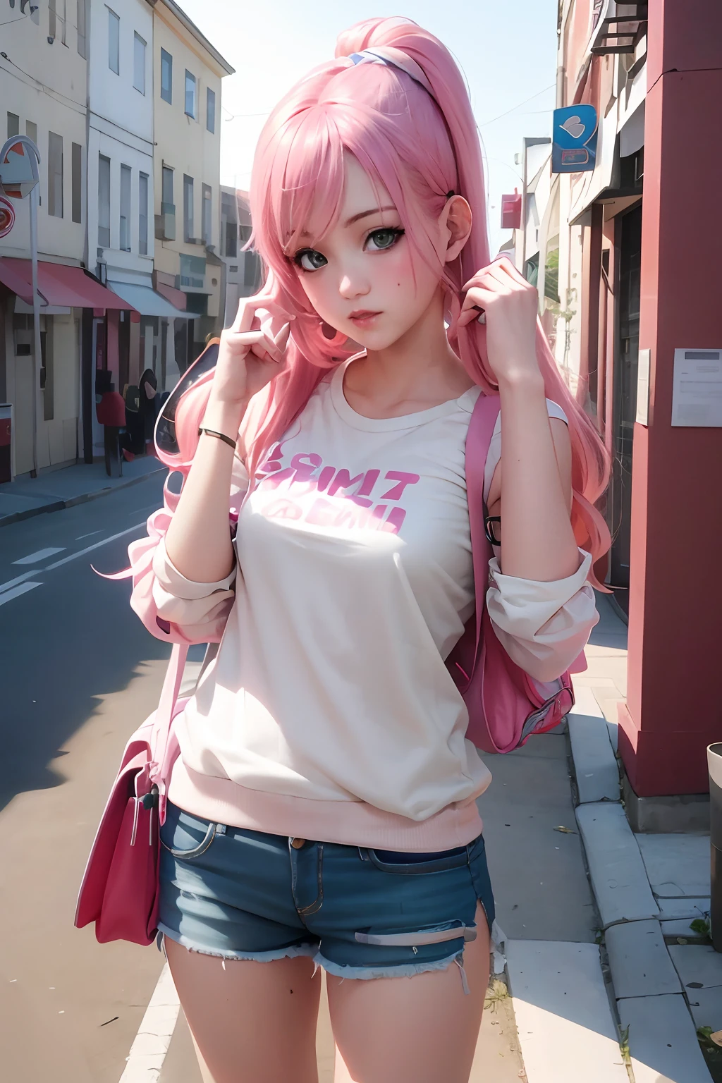 Menina anime com cabelo rosa e mochila na esquina da rua, Menina anime na vida real, anime hiper realista, anime fotorrealista, Estilo anime 3D realista, estilo anime realista, 3 d anime realista, photorealistic anime girl rendering, estilo realismo anime, Arte no estilo de Guweiz, menina anime jovem realista, menina anime