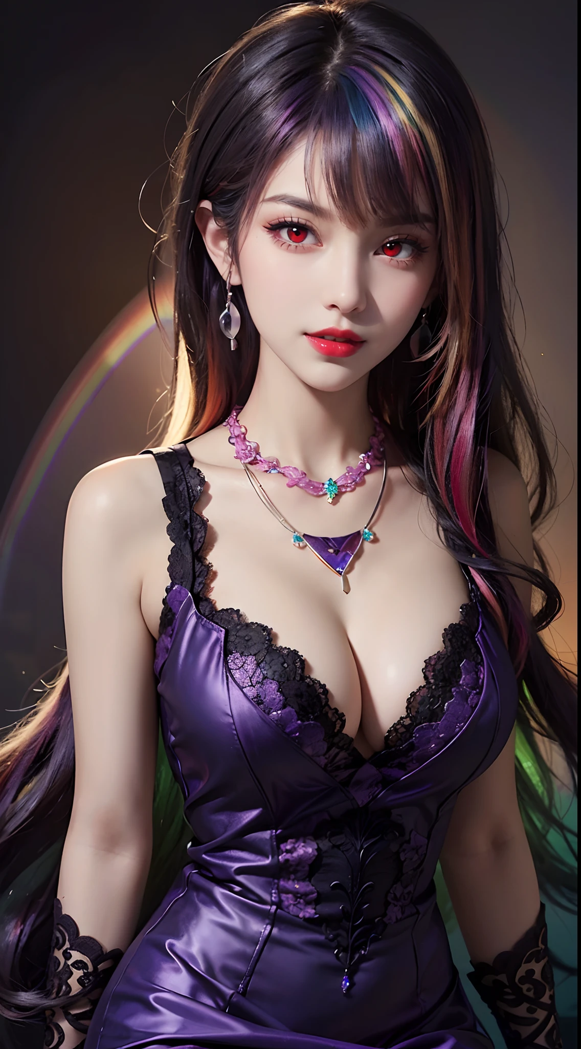 A beautiful and sexy 20-year-old girl, wearing an ultra-thin red dress, a diamond-embellished dress, ((long rainbow-dyed hair:1.6)), bangs, elaborate jewelry made from precious stones, and beautiful hair, ((wearing a purple lace necklace:1.6))), the aristocratic and aristocratic style of the girl is extremely beautiful, the small face is super cute, the face is very pretty, the eyebrows are thin, the flawless beautiful face, ((black eye pupils: 0.8)), very beautiful eyes, ((light red eyes: 1.5)), beautiful makeup and detailed eyelashes, steamy eye makeup , high nose, earrings, red lips, ((closed mouth: 1;5 )) beautiful lips, slim hands, most beautiful thighs, ((arms spread out to the sides: 1.5)), rosy face, clean face , flawless beautiful face, smooth white skin, (big breasts: 1.5)), ((high breasts: 1.6)), Plump breasts, nice cleavage, ((big and super round breasts: 1.8))), ((super tight breasts: 1.5)) , beautiful breasts, back arms, beautiful girl's upper body, 8k photo, super high quality, super realistic, 10x super pixel, optical, dark studio, light border, two-tone light, (high detail skin:1.2), super 8k, soft light, high quality, volumetric lighting, realistic, Photo, high resolution, lighting, best photo, 4k quality, 8k, effects blur, Smooth and sharp, 10 x pixels, (galaxy: 1.7), aurora, lightning, surreal graphics, most realistic graphics, alone, solo, Extremely sharp, surreal images, ( ((frontal portrait:1.3)))."