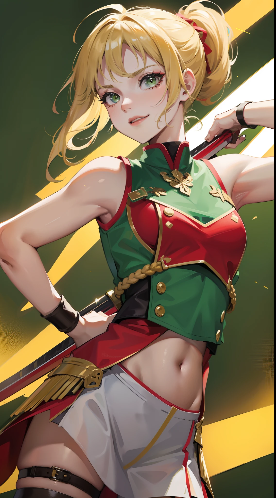 young girl, short blonde hair, high ponytail, Green eyes, Red Knight Uniform, Sleeveless, open shoulders, open belly, a sword, smirk, Masterpiece, hiquality, 4k, HD, Good detail