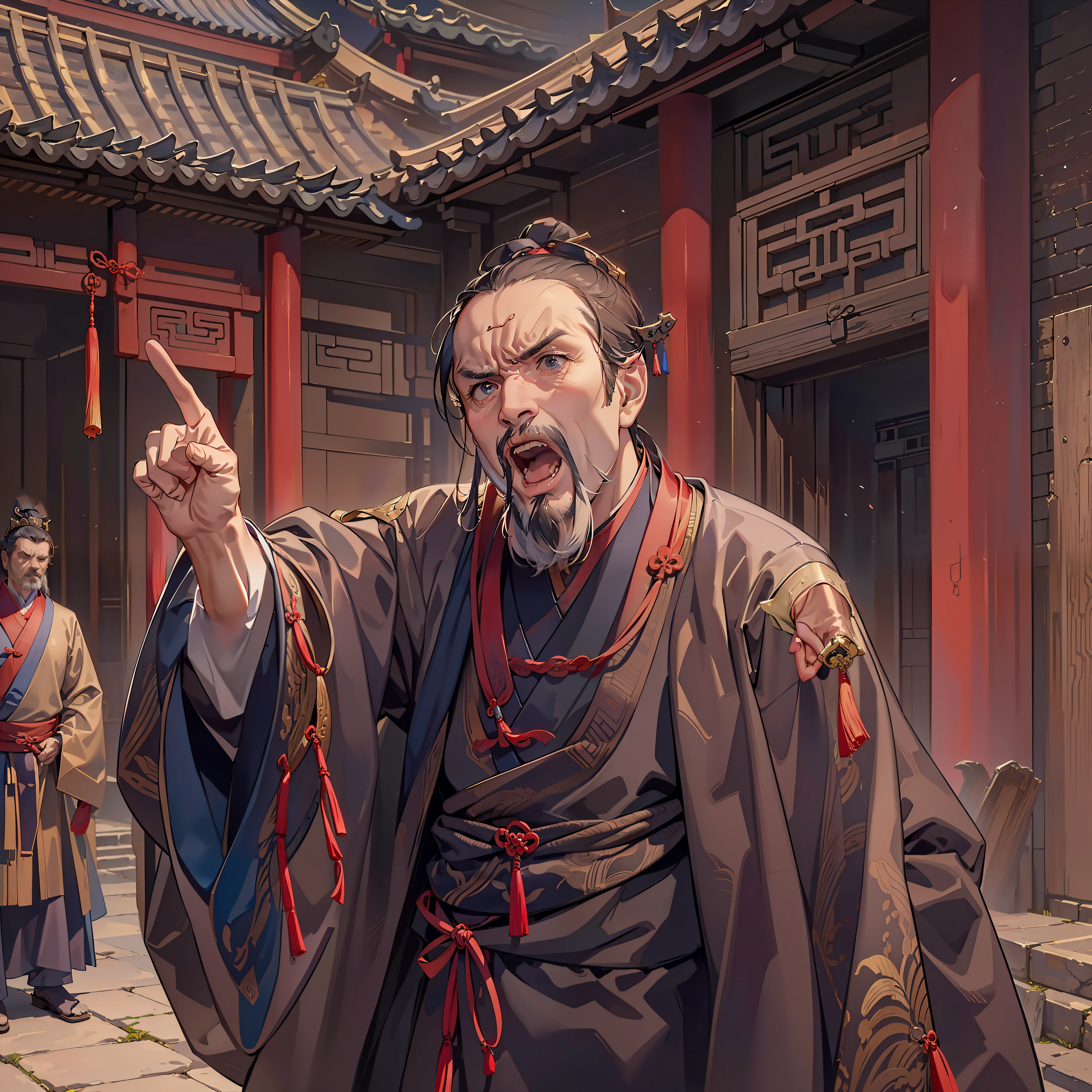 (A middle-aged man, angry)
(Raising his hand and pointing ahead)
(opening mouth to curse)
(In an ancient courtyard)
(Chinese)