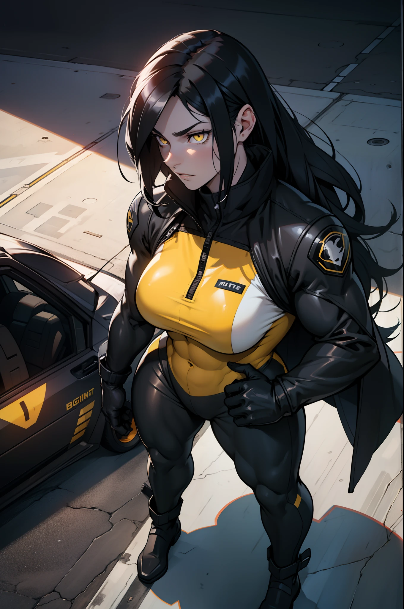 best quality best quality best quality black hair yellow eyes pale skin muscular huge greasts thick thighs angry solo extremely long hair girl body suit highly detailed highly detailed thick thick