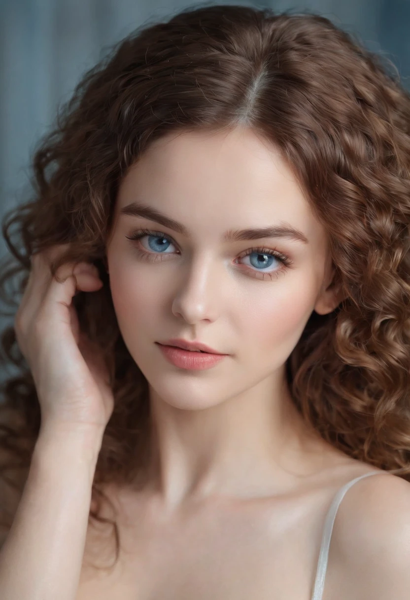 (best quality,ultra-detailed,highres:1.2),realistic,full body,curly hair,blue eyes,charming,petite figure,captivating,beautiful face,natural beauty,modest bust size,nude,light colors,soft lighting,vivid colors, no clothes, naked