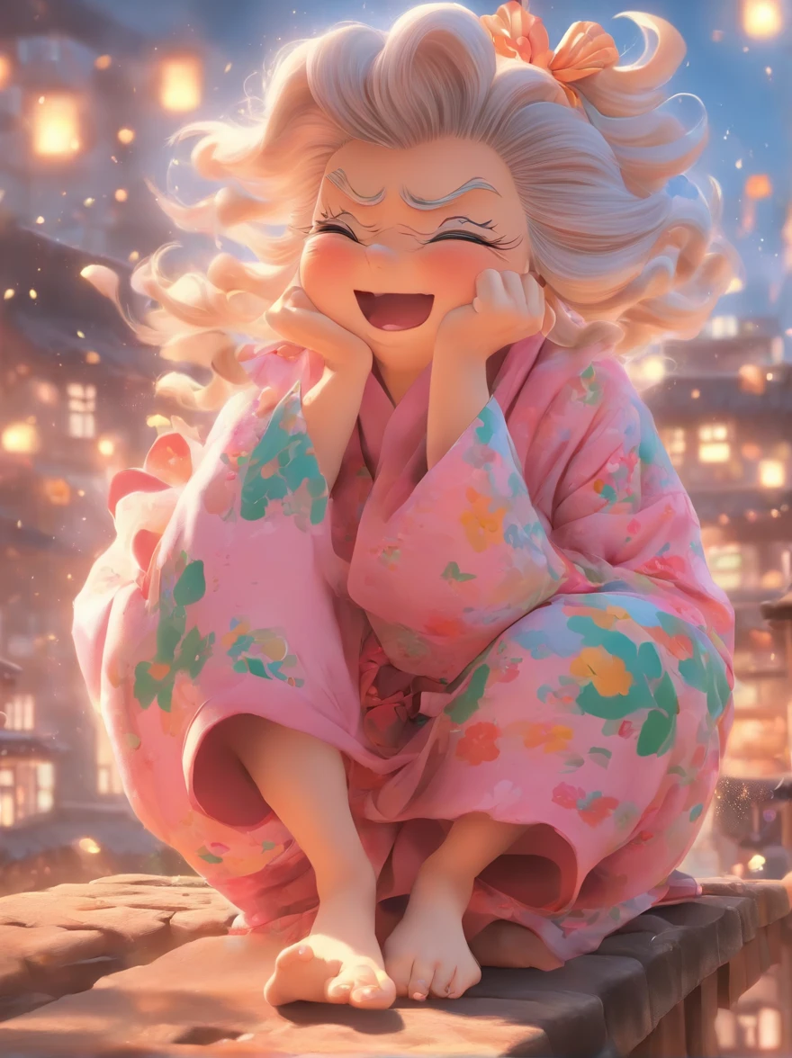 China-style,Grandma,adolable,Chubby toot,Sit on the roof and blow the wind,ventania,messy shortt hair,Pink flecked pajamas,Cartoon card issuance,Full body like,Detailed and accurate,depth of fields,8K,A high resolution,tmasterpiece,Beautiful wallpapers,high qulity,high detal,s the perfect face,offcial art,blur backgroun, --Niji 5 --Q 2