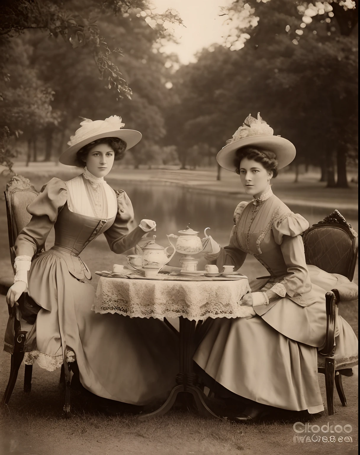 (Masterpiece) A 1900s photo of insanely beautiful Aristocratic Ladies wearing fancy clothes and hats, chatting while taking tea in the park, with an exquisite table set for royalty, vintage sepia photography, outdoor photography, extremely inviting look, front look, looking at the camera, very old and torned photo