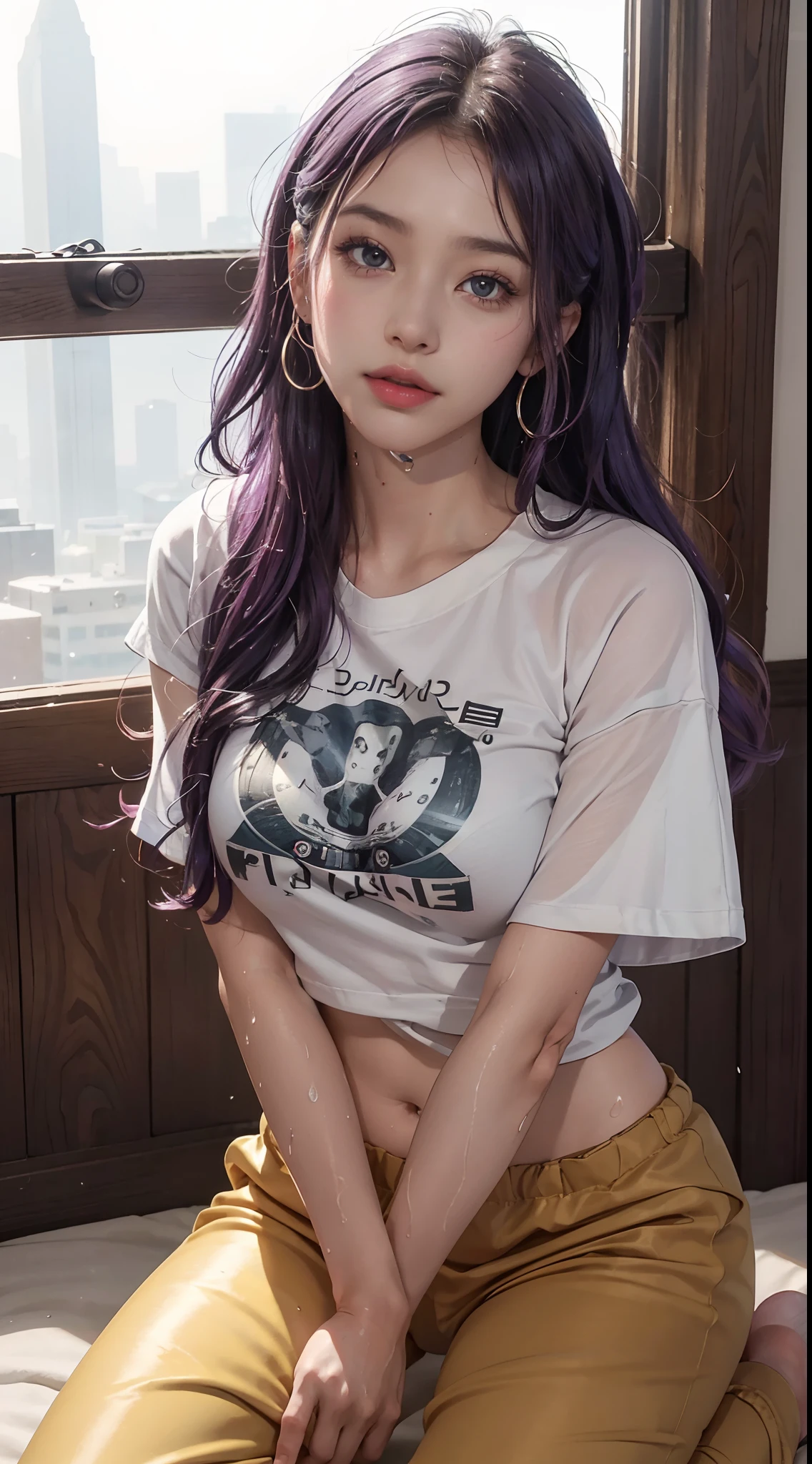 Marine art robots ,upscaled 、RAW photography、top-quality、tmasterpiece:1.2)、(hentail realism、photoRealstic:1.37)、1girl in、Nepali、25 age old、femele、(deep in the night)、rays of sunshine、a room、Daytime city view from the window、Studio lighting、Face Lights、photon maping、Radio City、Purple hair、A detailed face、Detailed lips、A detailed eye、More skin、二重まぶた、(Huge circle:1.3)、((exposure))、(T-shirt and jogging bottoms、nepal)、(T-shirt)、(Wear a t-shirt and jogging bottoms)、((no brassiere)))、Exposed cleavage、cropped shoulders、Thighs exposed、(camel-toe)、perfect bodies、shiny skins、(body wet with sweat:1.2)、smirking face、((Sit on the))、Make eye contact with the camera、The background camera lens is blurred、depth of fields、35 meters、ultra - detailed、hyper qualit、Flawless、Anime tattoo on the right hand、((Vintage Style Photography 1:1)),((NSFW 1:0))