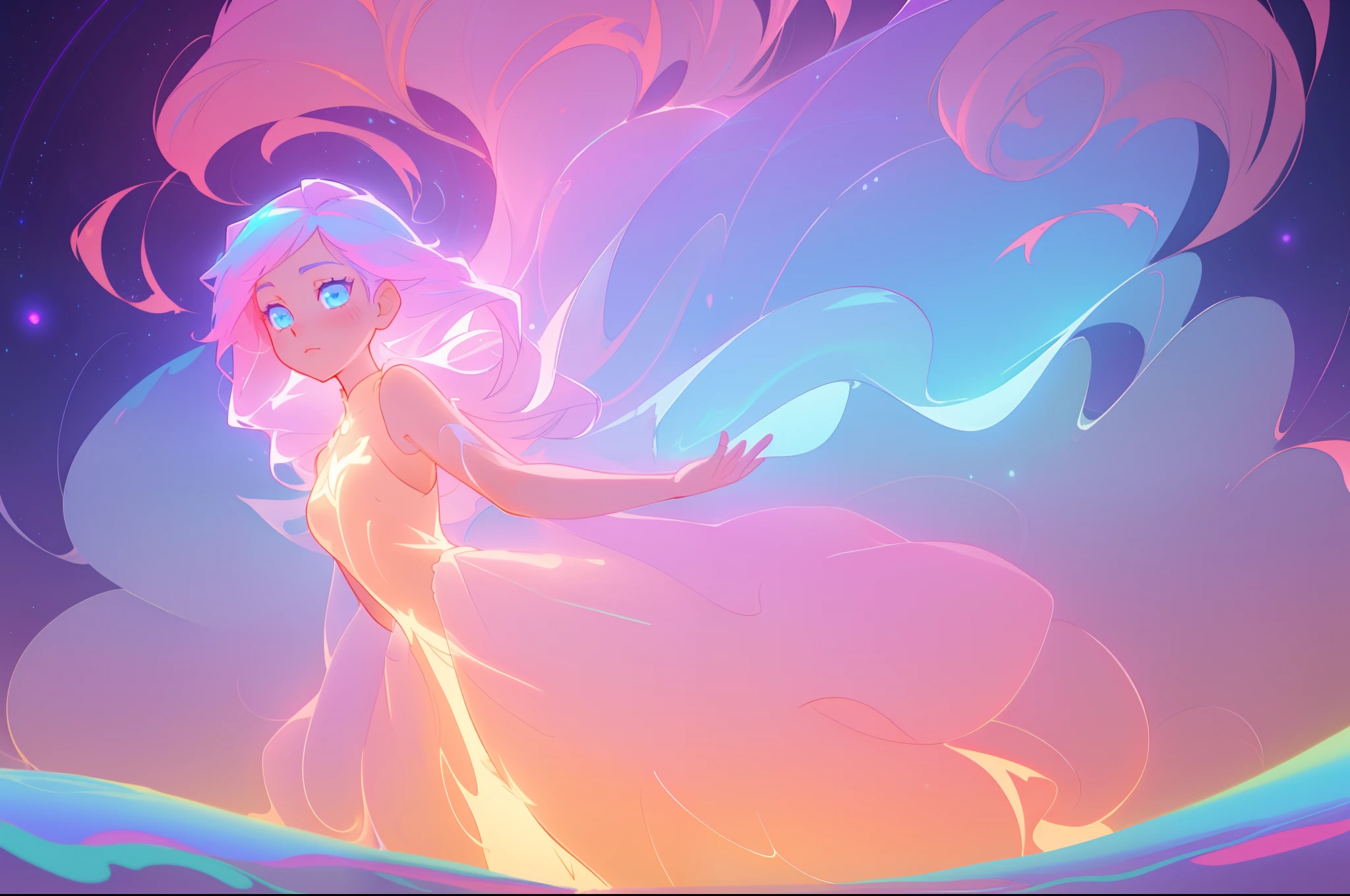 masterpiece, best quality, anime, a girl with long glowing hair, liquid ballgown dress, beautiful anime art style, ethereal anime, inspired by Glen Keane, inspired by Lois van Baarle, disney art style, glowing aura around her, jen bartel, glowing lights, fantasia background, liquid glowing dress, intricate detail