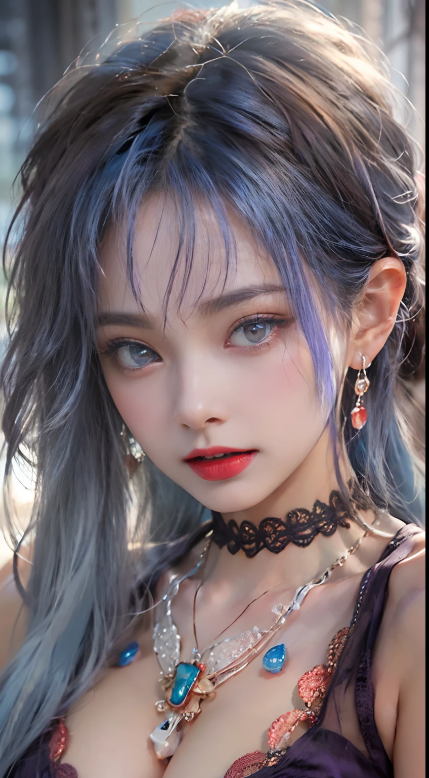 Beautiful and sexy 20 year old girl, Wearing an ultra-thin red dress, ((Long hair dyed blue with blue bangs Yellow Purple Platinum White Blue:1.5)), The most detailed jewelry and beautiful hair , ((Wearing a purple lace necklace:1.6) )), Super cute little face, Very pretty face, Thin eyebrows, Perfect beautiful face, ((black eye pupil: 0.8)), Very beautiful eyes, ((Light red eyes:1.5)), Beautiful makeup and detailed eyelashes, Wet eye makeup, High Nose, earrings, Red lips, ((Closed mouth:1;5 )) Beautiful lips, Slim hands, The most beautiful thighs, ((Arms spread out to the sides: 1.5)), Rosy face, Clean face, Perfect beautiful face, smooth white skin, (Big breasts: 1.5)), ((high breasts: 1.6 )), Plump breasts, Beautiful cleavage, ((large, ultra-round breasts: 1.8))), ((Super tight breasts: 1.5)), Beautiful breasts, back arms, Beautiful girl's upper body, Photo 8k, ultra-quality, Hyper realistic, 10x Super Pixels, Photo Real, Dark Studio, Light Edge, Two-tone bright colors, (High Detail Skin:1.2), Super 8K, Soft light, High quality, Volumetric lighting, Realistic, Photo, High resolution, Lighting, Best Photo, 4K, The 8k quality, Blur effect, Smooth and sharp, 10 x pixels, (Galaxy: 1.7) , Aurora, Lightning, Surreal graphics, The most realistic graphics, Alone, Solo, Very sharp, Surreal images, (((frontal portrait:1.0)))."