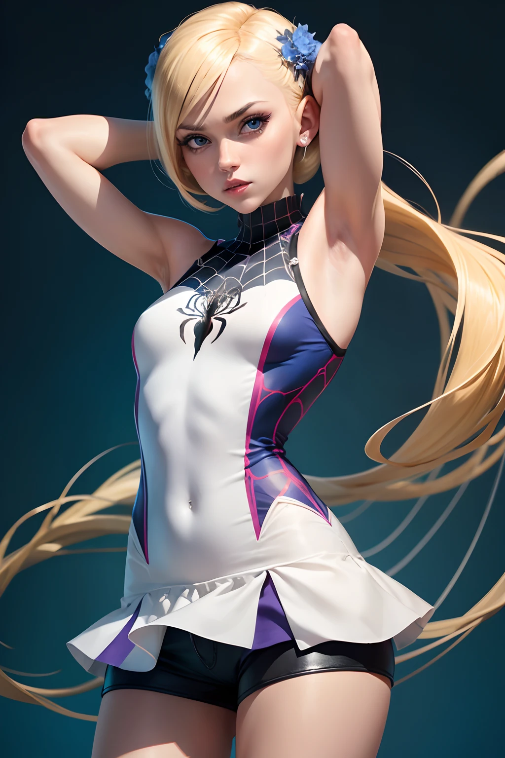 Gwen spider, shorts dress, armpits, ojos azules, blond hair,