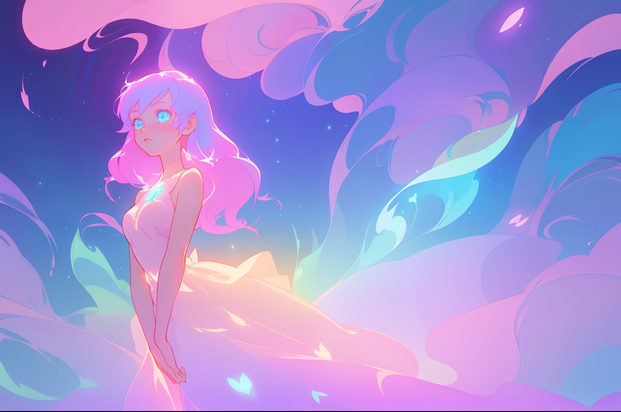 masterpiece, best quality, anime, a girl with long glowing hair, liquid ballgown dress, beautiful anime art style, ethereal anime, inspired by Glen Keane, inspired by Lois van Baarle, disney art style, glowing aura around her, jen bartel, glowing lights, fantasia background, liquid glowing dress, intricate detail