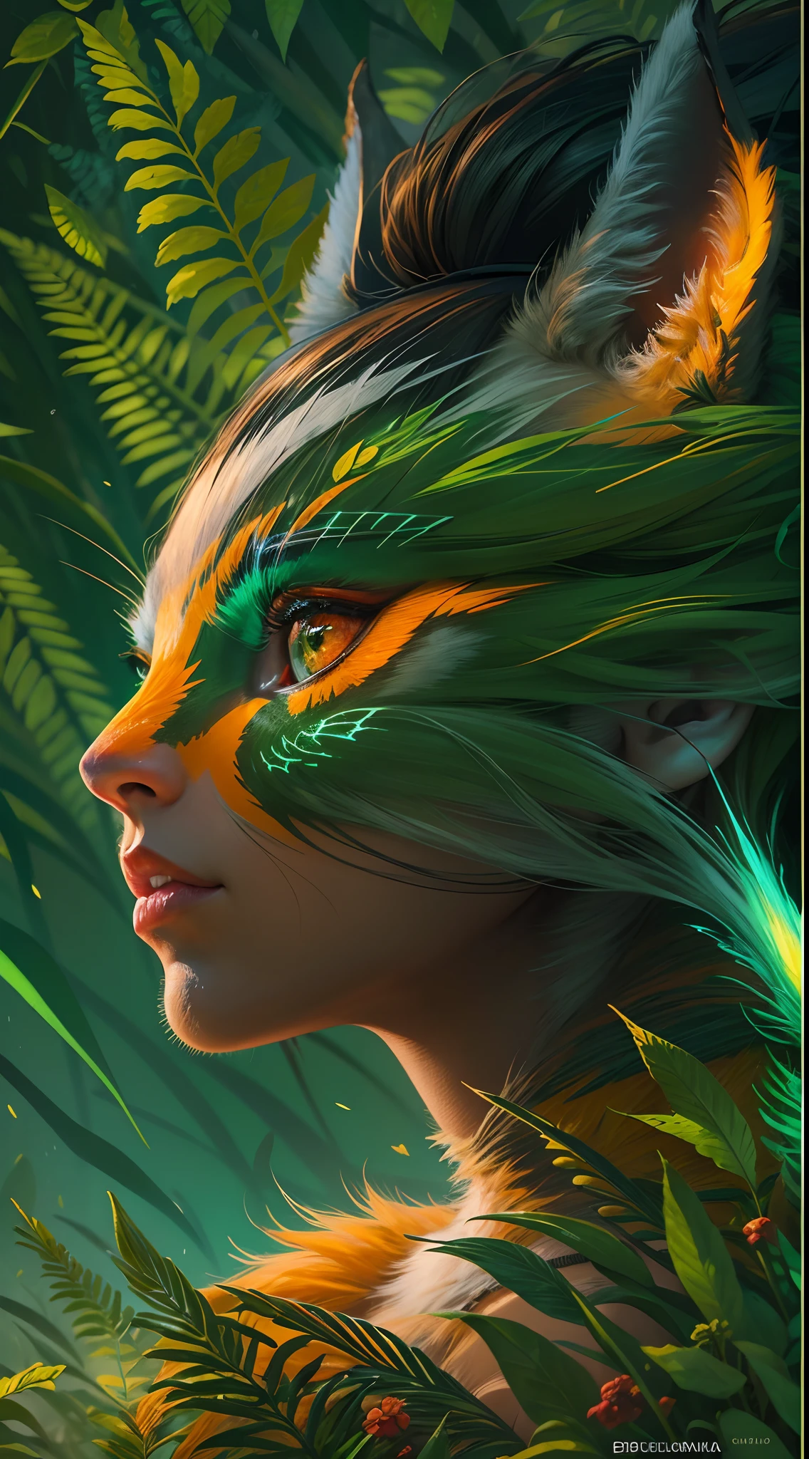(Obra maestra:1.1), (highest qualityr:1.1), (HDR:1.0), Calidad extrema, CG, (espacio negativo), Cara detallada+ojos, 1girl, Orejas de zorro, pelusa de oreja animal, (plantas:1.18), (Arte fractal), (colores brillantes), salpicaduras de fondo de color, Mezcla de colores, salpicaduras de pintura, complimentary colors, neon, (Tigre del trueno), compasivo, electric, Paleta limitada, synthwave, Bellas Artes, piel bronceada, Parte superior del cuerpo, (verde y naranja:1.2), Parada del tiempo, sy3, SMM