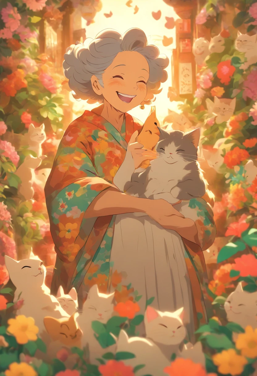 Grandmother holding a cat，Laugh happily，The back is surrounded by many flowers