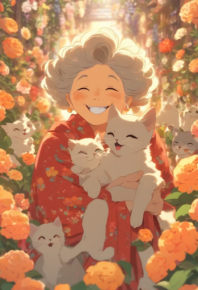 Grandmother holding a cat,Laugh happily,The back is surrounded by many flowers