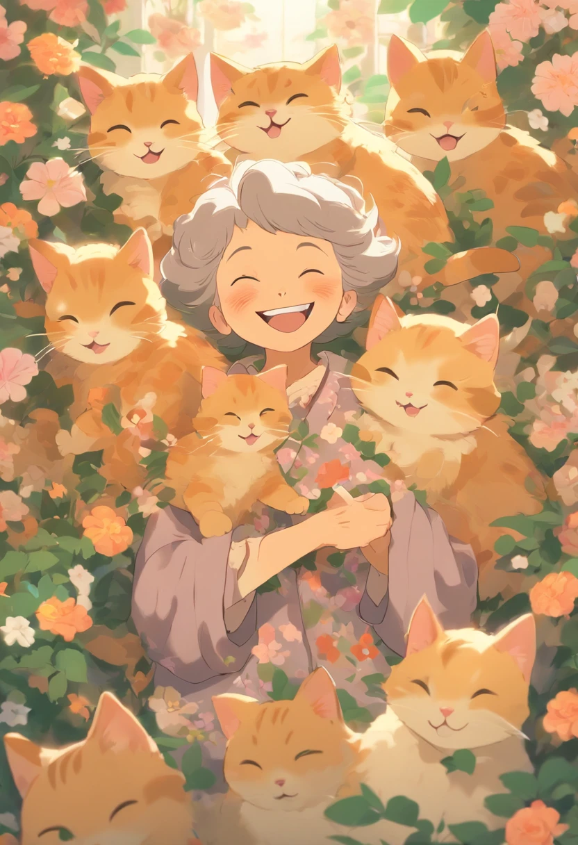 Grandmother holding a cat，Laugh happily，The back is surrounded by many flowers