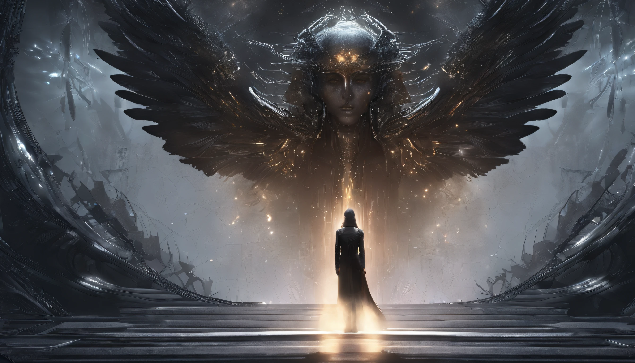 Cosmic Fallen Angel, glowing light eyes, Delicate and beautiful face,Bigchest,Biomechanical, eerie, Dream-like, Very bright colors, Light particles, with light glowing, Mshiv, wallpaper art, UHD wallpaper