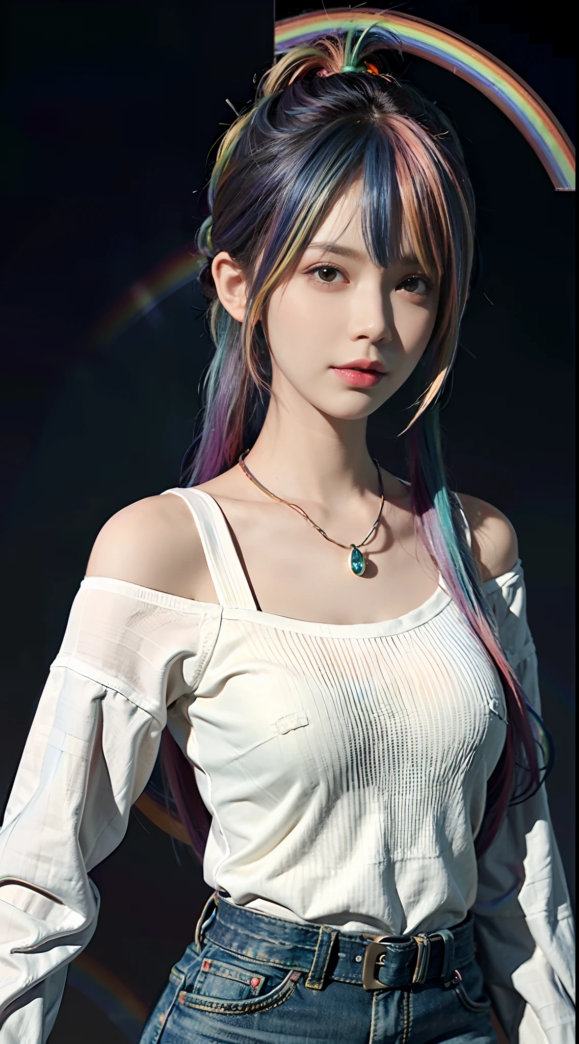 ​masterpiece、top-quality、3D、C4D、adolable、Lori 1 girl、Clean and cute、(rainbow-colored hair、colourful hair:1.4)、Yellow jacket、white t-shirts、Ponytail braid、Eye for perfect detail、delicated face、Perfect CG、HD quality、small tits、tiny chest、Slimed、A slender、Model body type