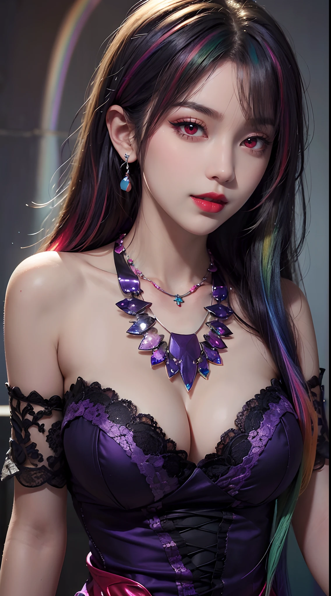 A beautiful and sexy 20-year-old girl, wearing an ultra-thin red dress, a diamond-embellished dress, ((long rainbow-dyed hair:1.6)), bangs, elaborate jewelry made from precious stones, and beautiful hair, ((wearing a purple lace necklace:1.6))), the aristocratic and aristocratic style of the girl is extremely beautiful, the small face is super cute, the face is very pretty, the eyebrows are thin, the flawless beautiful face, ((black eye pupils: 0.8)), very beautiful eyes, ((light red eyes: 1.5)), beautiful makeup and detailed eyelashes, steamy eye makeup , high nose, earrings, red lips, ((closed mouth: 1;5 )) beautiful lips, slim hands, most beautiful thighs, ((arms spread out to the sides: 1.5)), rosy face, clean face , flawless beautiful face, smooth white skin, (big breasts: 1.5)), ((high breasts: 1.6)), Plump breasts, nice cleavage, ((big and super round breasts: 1.8))), ((super tight breasts: 1.5)) , beautiful breasts, back arms, beautiful girl's upper body, 8k photo, super high quality, super realistic, 10x super pixel, optical, dark studio, light border, two-tone light, (high detail skin:1.2), super 8k, soft light, high quality, volumetric lighting, realistic, Photo, high resolution, lighting, best photo, 4k quality, 8k, effects blur, Smooth and sharp, 10 x pixels, (galaxy: 1.7), aurora, lightning, surreal graphics, most realistic graphics, alone, solo, Extremely sharp, surreal images, ( ((frontal portrait:1.3)))."