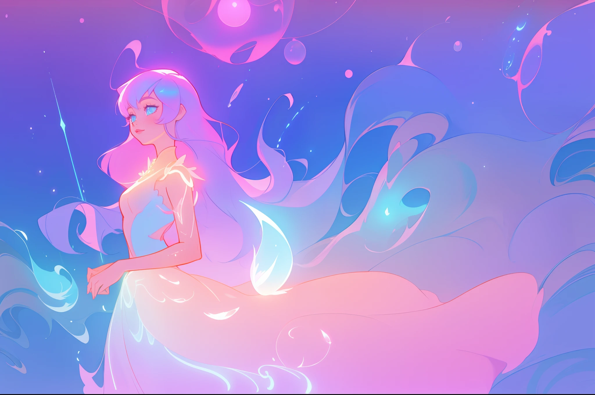 masterpiece, best quality, anime, a girl with long glowing hair, liquid ballgown dress, beautiful anime art style, ethereal anime, inspired by Glen Keane, inspired by Lois van Baarle, disney art style, glowing aura around her, jen bartel, glowing lights, fantasia background, liquid glowing dress, intricate detail