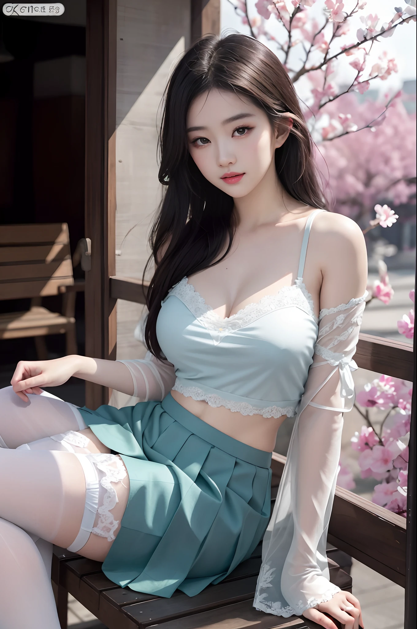 Ultra-realistic 8K CG，s the perfect face，flawless perfection，Ren，tmasterpiece，professionalartwork，famousartwork，s the perfect face，beauitful face，beautidful eyes，（（Perfect female body）），独奏，（immersiveatmosphere，lightand shade contrast：1.5，Bright light:1.2,lumnious),,(Blushlush:0.5),Enchanting expression,Ultimate detail_The eye,thick thight,huge tit,Exquisite background,depth of fields,photorealestic:1.3,Faraway view,1girll,The shirt,a black pleated skirt，Sit Pose，full bodyesbian，（ambient lights：1.3），（cinematic compositions：1.3），（neonlight：0.1），（hdr：0.1），emphasis lighting，White panty hose，outside，White lace-trimmed stockings，Mix colors randomly，Art studio