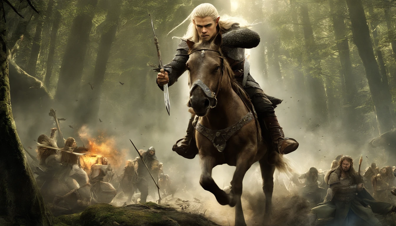 Assunto: Legolas (interpretado por Orlando Bloom) action: Engajado em combate, matando Orcs Contexto: Cena de batalha Ambiente: Dark Forest Lighting: Luar misterioso Artista: Alan Lee Estilo: Epic Fantasy Medium: Pintura digital Tipo: Action scene Color scheme: Cool tones with pops of vibrant colors Computer Graphics: 3D rendering Quality: highes definition, detalhado Prompt positivo: ((melhor qualidade)), ((obra-prima)), ((realista)), Legolas (interpretado por Orlando Bloom) expertly killing Orcs in a dynamic battle scene set in a dark forest. The lighting should evoke a mysterious atmosphere, iluminada pelo brilho suave da luz da lua. Art should be created in the style of Alan Lee's epic fantasy illustrations, Using digital painting techniques to capture the intensity of the action. O esquema de cores deve consistir em tons frios com detalhes vibrantes. Use 3D rendering for computer graphics to increase depth and realism. Focus on high definition and intricate detail to create a truly remarkable piece. --auto --s2