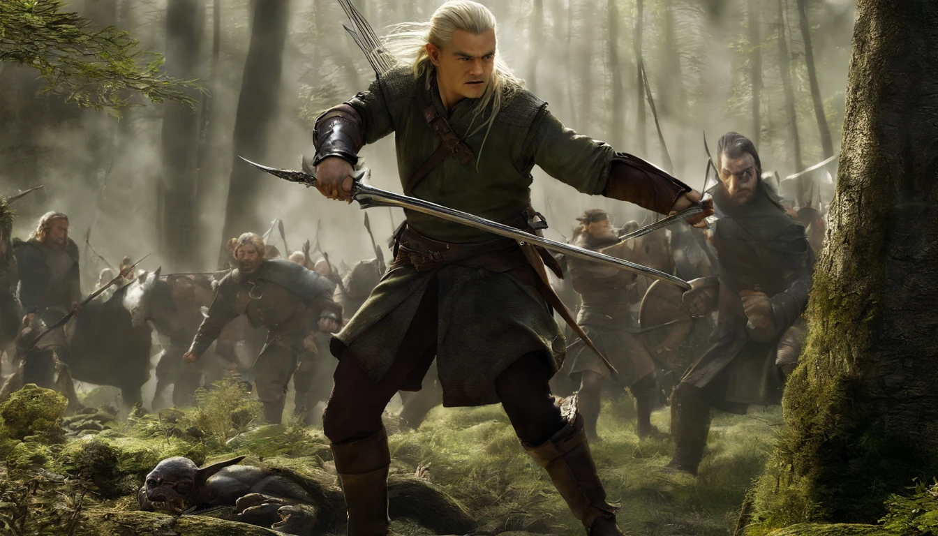 Assunto: Legolas (interpretado por Orlando Bloom) action: Engajado em combate, matando Orcs Contexto: Cena de batalha Ambiente: Dark Forest Lighting: Luar misterioso Artista: Alan Lee Estilo: Epic Fantasy Medium: Pintura digital Tipo: Action scene Color scheme: Cool tones with pops of vibrant colors Computer Graphics: 3D rendering Quality: highes definition, detalhado Prompt positivo: ((melhor qualidade)), ((obra-prima)), ((realista)), Legolas (interpretado por Orlando Bloom) expertly killing Orcs in a dynamic battle scene set in a dark forest. The lighting should evoke a mysterious atmosphere, iluminada pelo brilho suave da luz da lua. Art should be created in the style of Alan Lee's epic fantasy illustrations, Using digital painting techniques to capture the intensity of the action. O esquema de cores deve consistir em tons frios com detalhes vibrantes. Use 3D rendering for computer graphics to increase depth and realism. Focus on high definition and intricate detail to create a truly remarkable piece. --auto --s2
