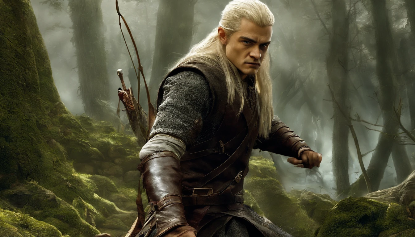 Assunto: Legolas (interpretado por Orlando Bloom) action: Engajado em combate, matando Orcs Contexto: Cena de batalha Ambiente: Dark Forest Lighting: Luar misterioso Artista: Alan Lee Estilo: Epic Fantasy Medium: Pintura digital Tipo: Action scene Color scheme: Cool tones with pops of vibrant colors Computer Graphics: 3D rendering Quality: highes definition, detalhado Prompt positivo: ((melhor qualidade)), ((obra-prima)), ((realista)), Legolas (interpretado por Orlando Bloom) expertly killing Orcs in a dynamic battle scene set in a dark forest. The lighting should evoke a mysterious atmosphere, iluminada pelo brilho suave da luz da lua. Art should be created in the style of Alan Lee's epic fantasy illustrations, Using digital painting techniques to capture the intensity of the action. O esquema de cores deve consistir em tons frios com detalhes vibrantes. Use 3D rendering for computer graphics to increase depth and realism. Focus on high definition and intricate detail to create a truly remarkable piece. --auto --s2