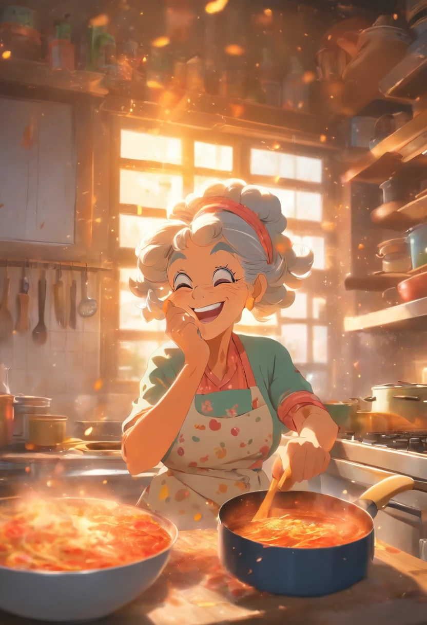 Grandma cooking in the kitchen,Laugh happily,Enjoy the state of life