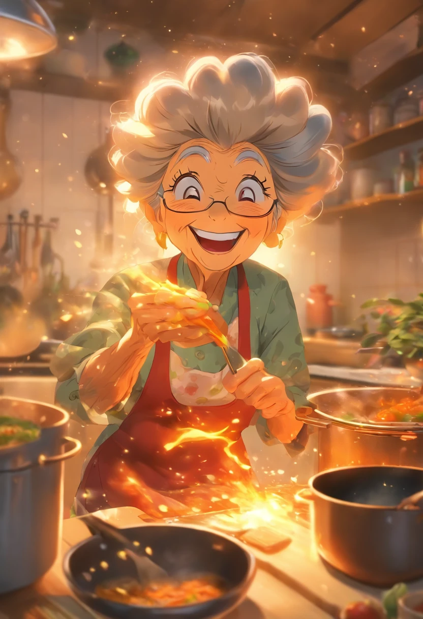 Grandma cooking in the kitchen，Laugh happily，Enjoy the state of life