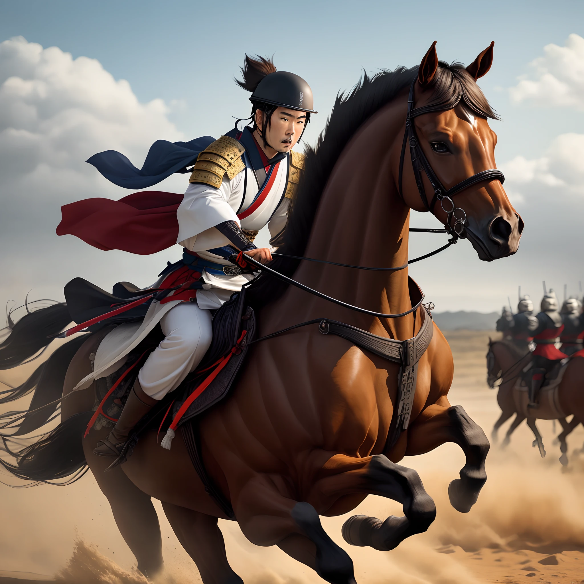 Um general samurai em um cavalo branco, com um grande exercito atras