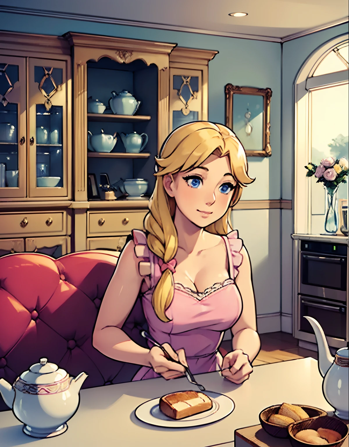 (robot housewife),(display case),(pink dress),(blonde hair),(blue eyes),(plastic skin),(best quality,4k,8k,highres,masterpiece:1.2),ultra-detailed,(realistic,photorealistic,photo-realistic:1.37),portraits,(vibrant colors,colorful:1.1),(soft lighting),(silverware),(spotless kitchen),(beautifully decorated room),(floral wallpaper),(sparkling clean),(freshly baked bread),(kitchen appliances),(polished countertops),(cooking utensils),(elegant surroundings),(big windows),(tidy and organized),(comfortable living space),(tastefully designed),(lush garden),(well-kept lawn),(bright and inviting),(cozy couch),(artificial plants),(stunning artwork),(dainty tea set),(delicate porcelain figurines),(glass showcase),(precious collectibles),(interesting artifacts),(showcasing treasures),(spotlight),(meticulously arranged),(enticing arrangement)