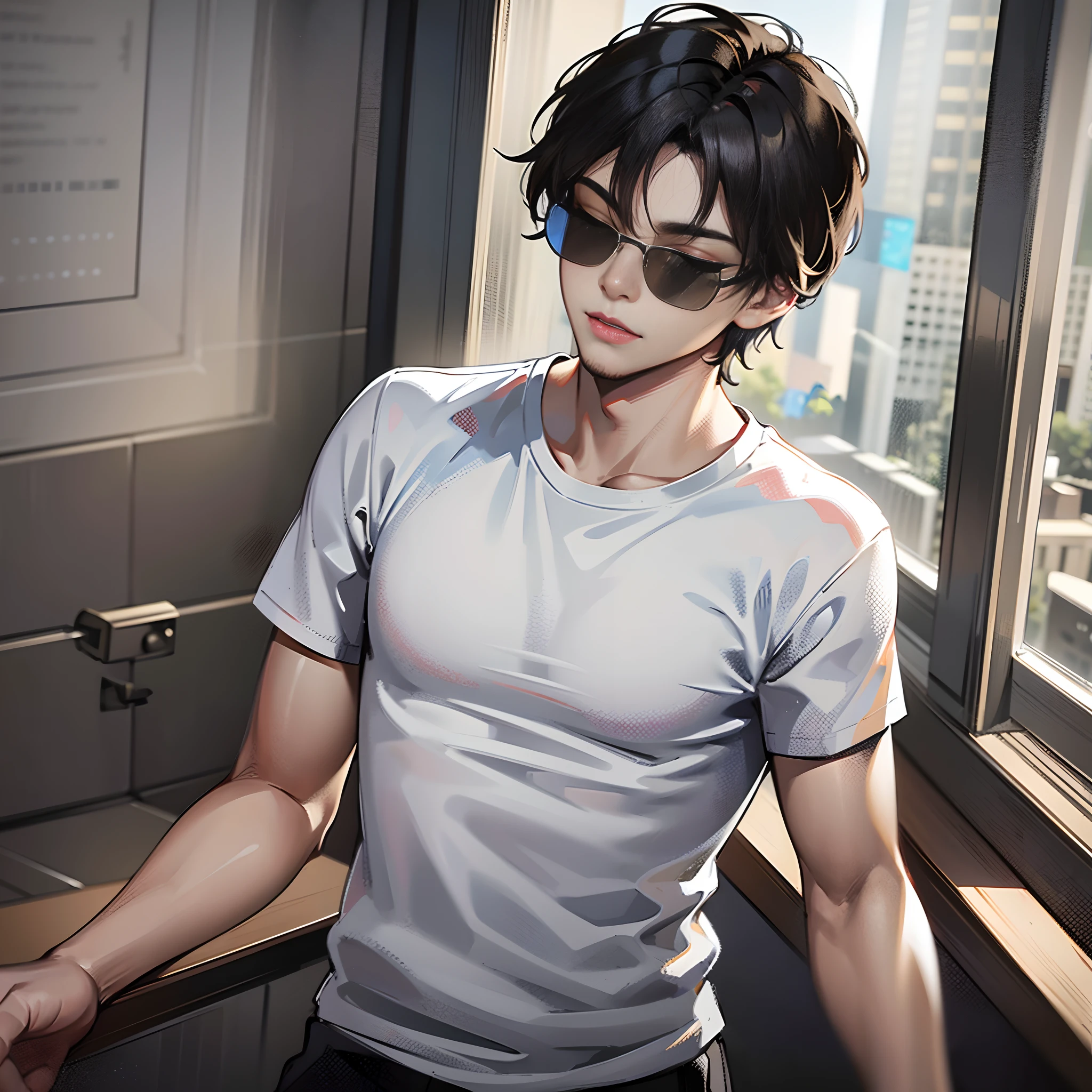 In the conference room, there is a handsome boy standing up, wearing sunglasses, eyes closed, short black hair, white T-shirt with short sleeves, super detailed, 4k, super detailed
